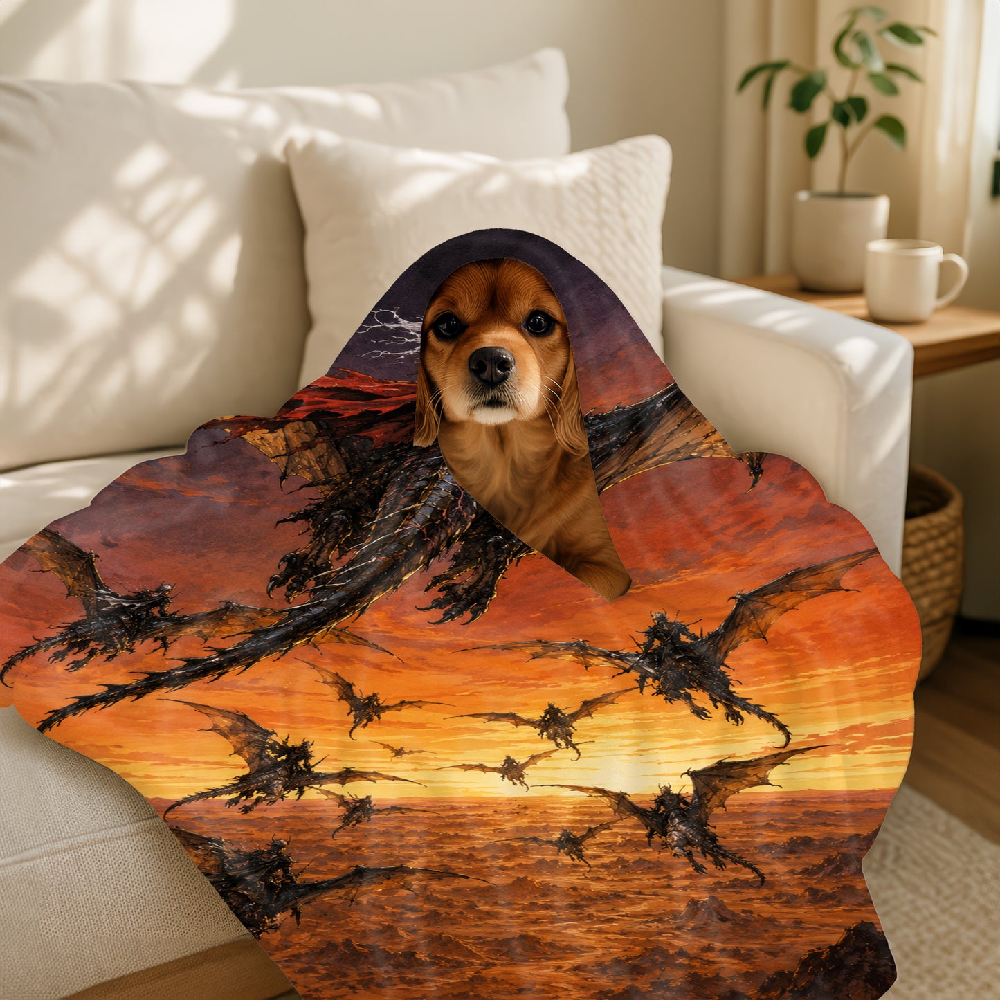 Cavalier King Charles Spaniel peeking out from a blanket with a dragon swarm and sunset.