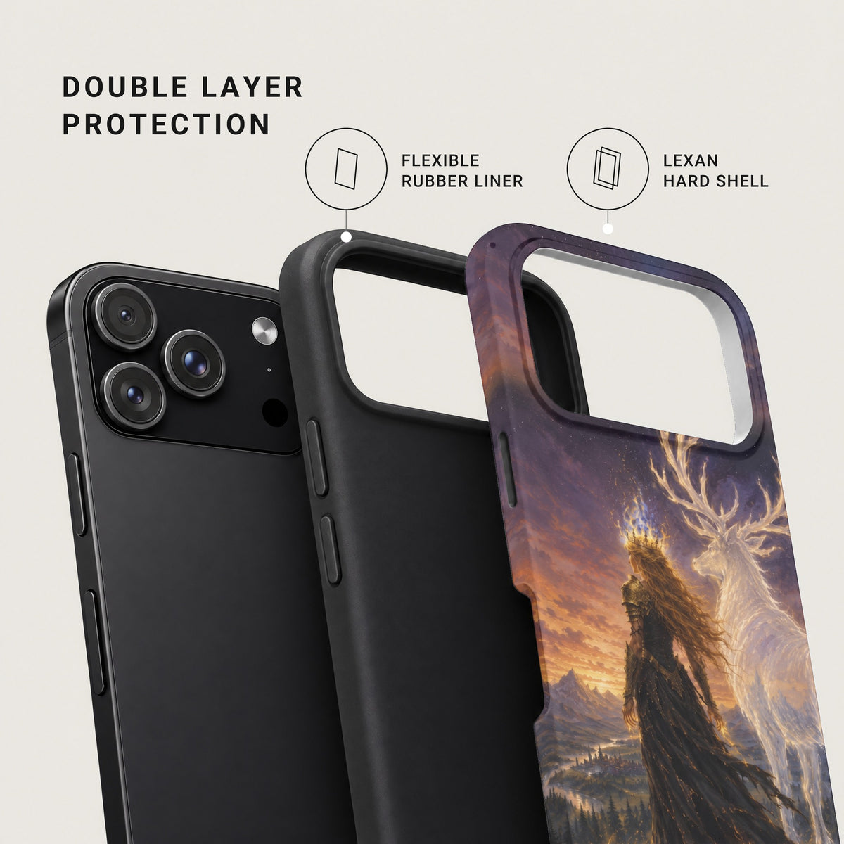 An exploded view diagram of a dual-layer phone case showing the flexible rubber liner and Lexan hard shell.