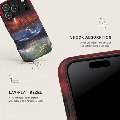 Smartphone case with fantasy landscape print, detailing shock absorption and lay-flat bezel features.