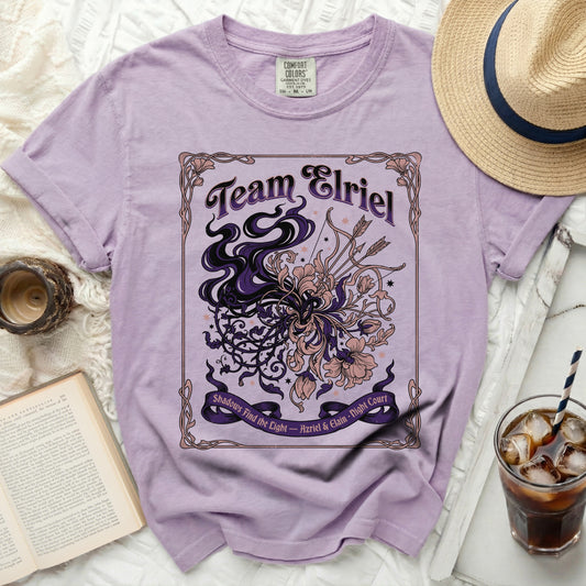 Lavender Comfort Colors t-shirt with "Team Elriel" and "Shadows Find the Light - Azriel & Elain · Night Court" text.