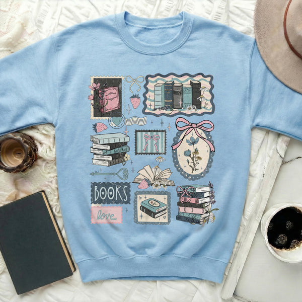 Vintage Stamps Books Sweatshirt in Light Blue