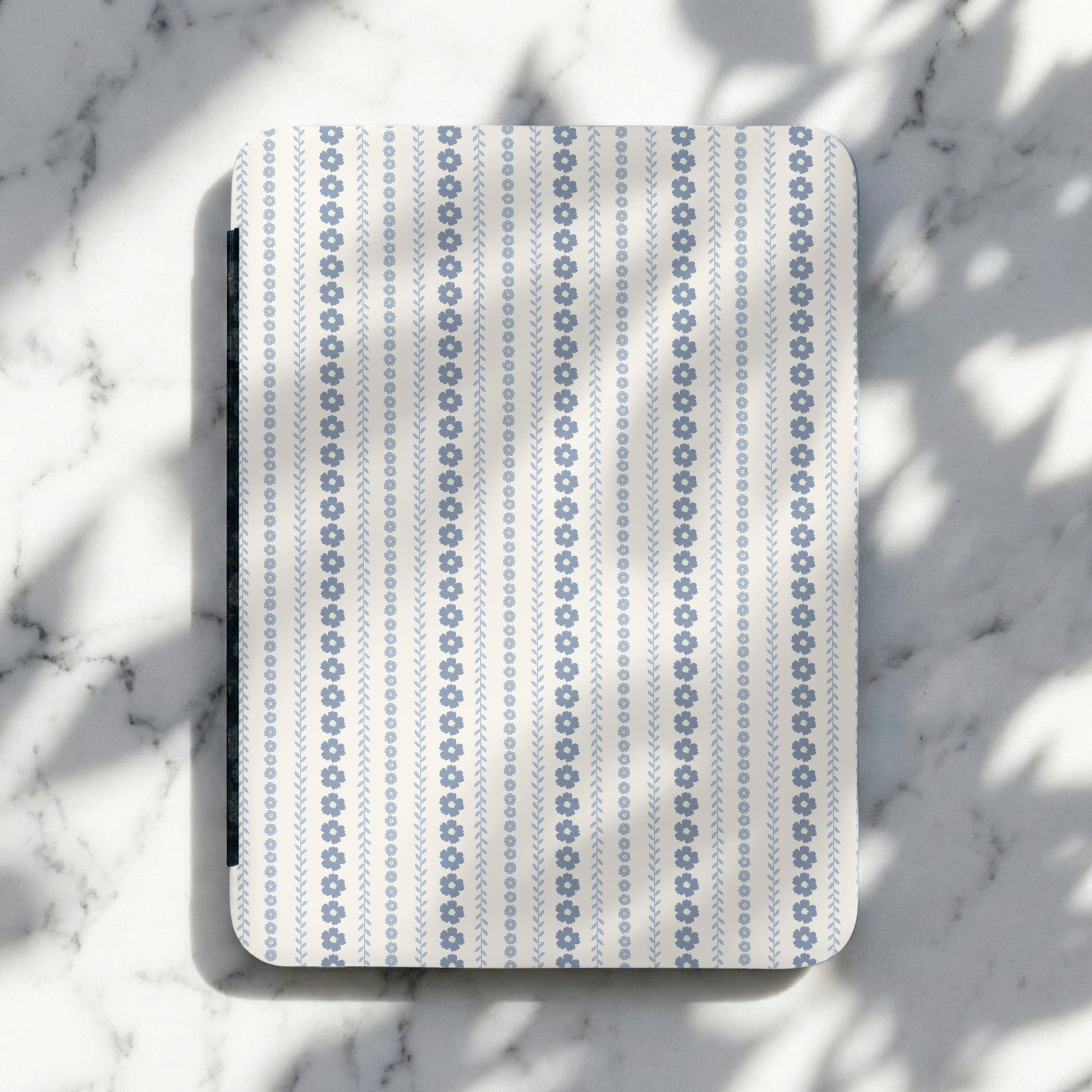 Blue and White Vertical Floral Stripes Pattern Notebook