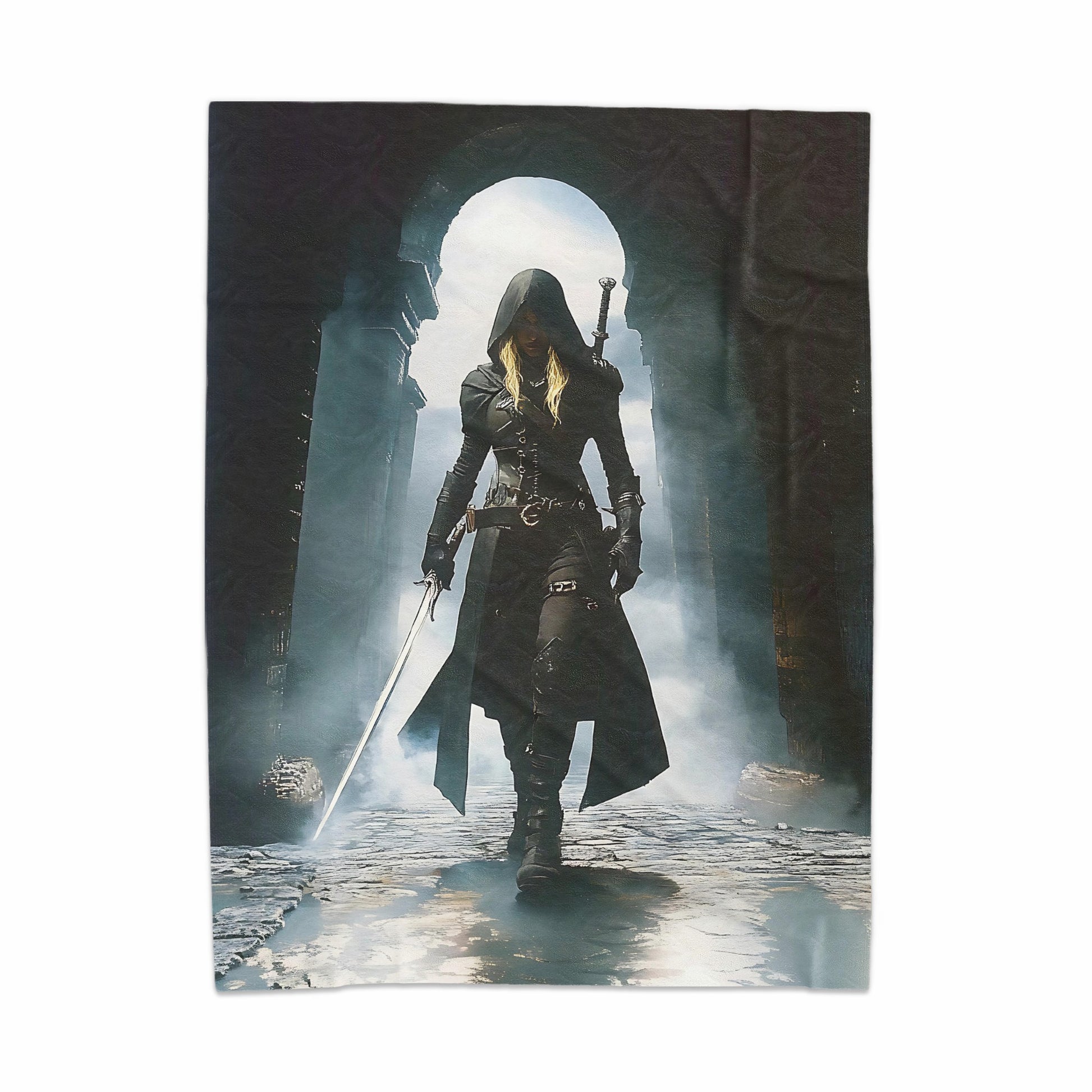 Hooded Warrior with Sword in Gothic Archway Blanket