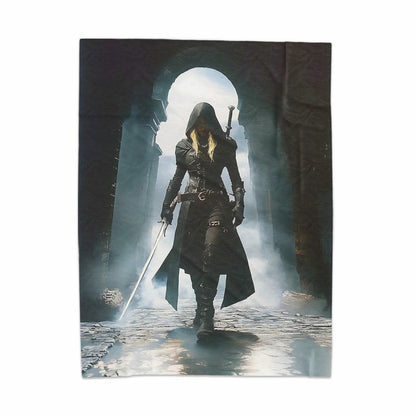 Hooded Warrior with Sword in Gothic Archway Blanket