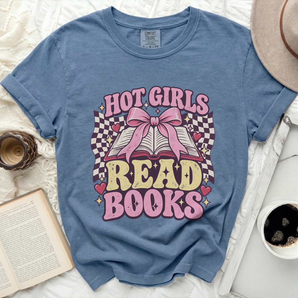 Blue t-shirt with "HOT GIRLS READ BOOKS" text and an open book graphic.