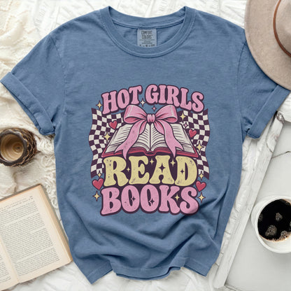 Blue t-shirt with "HOT GIRLS READ BOOKS" text and an open book graphic.