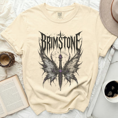Cream t-shirt with "BRIMSTONE FAE & ALCHEMY" and ornate wings.