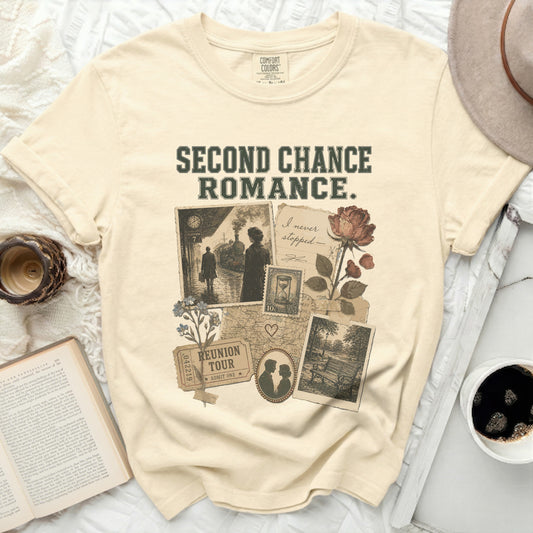 Cream t-shirt with "Second Chance Romance" graphic featuring vintage collage elements.
