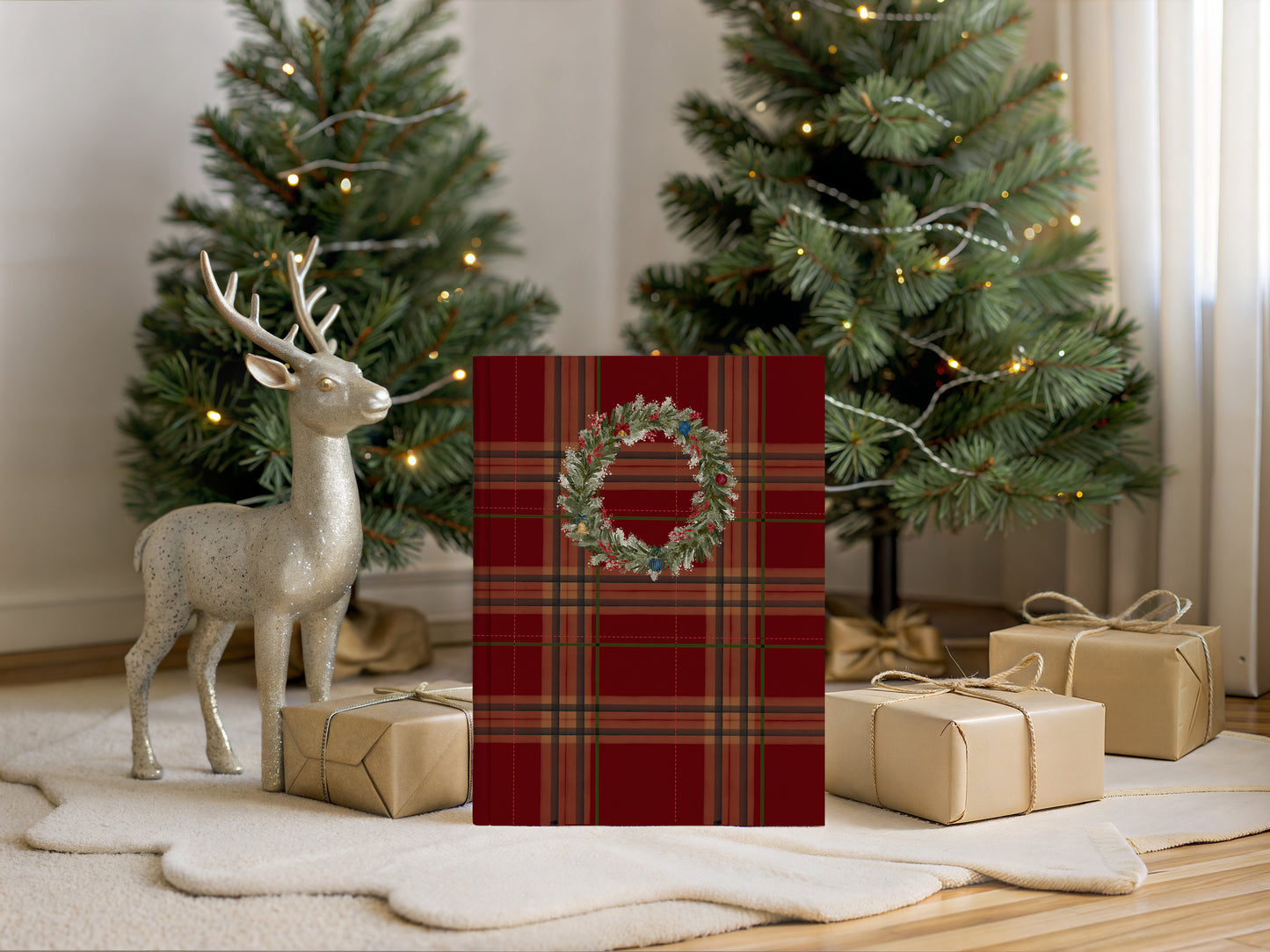 Festive Plaid Wrapping Paper with Holiday Wreath Design