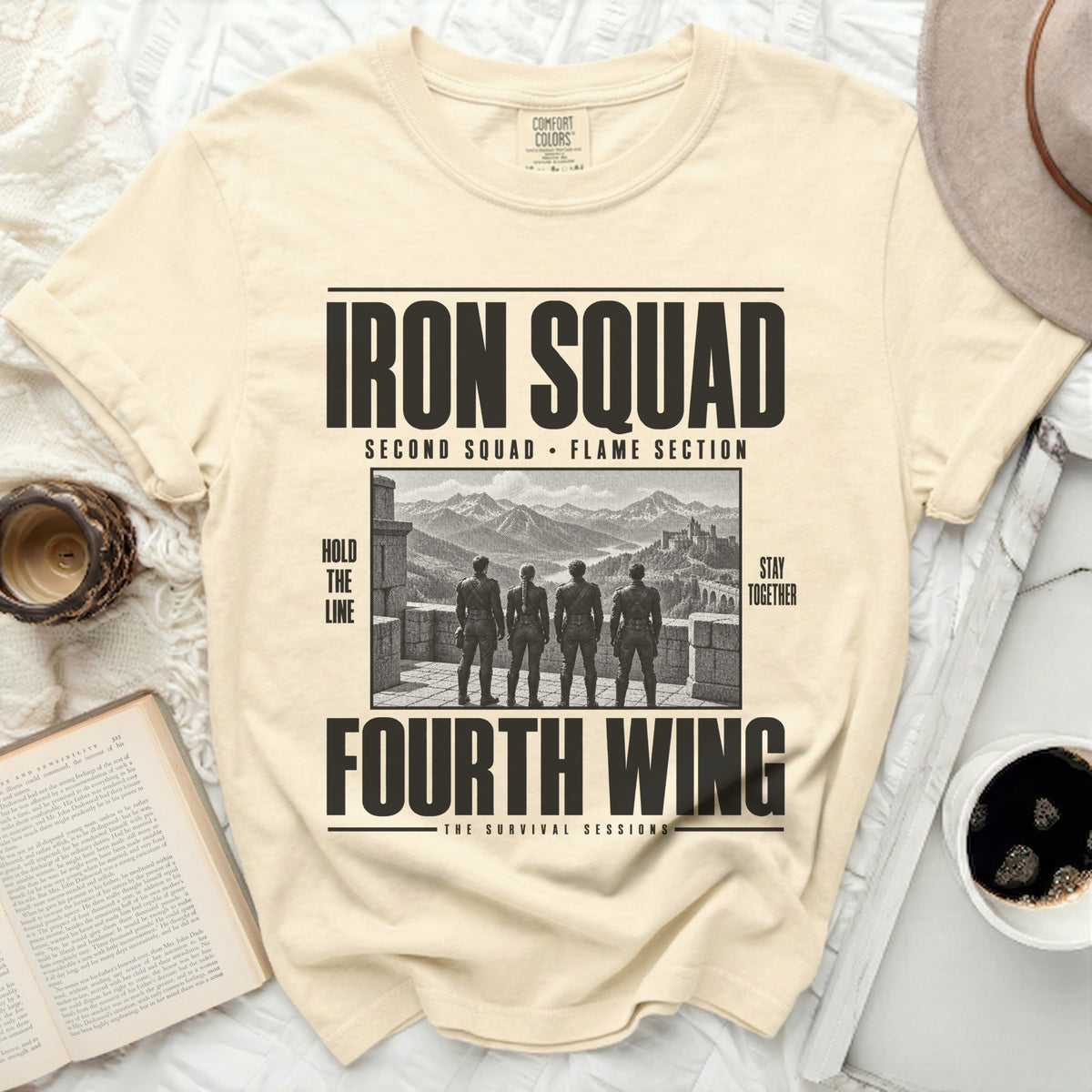 T-shirt with "Iron Squad Fourth Wing" text and a mountainous landscape with figures.