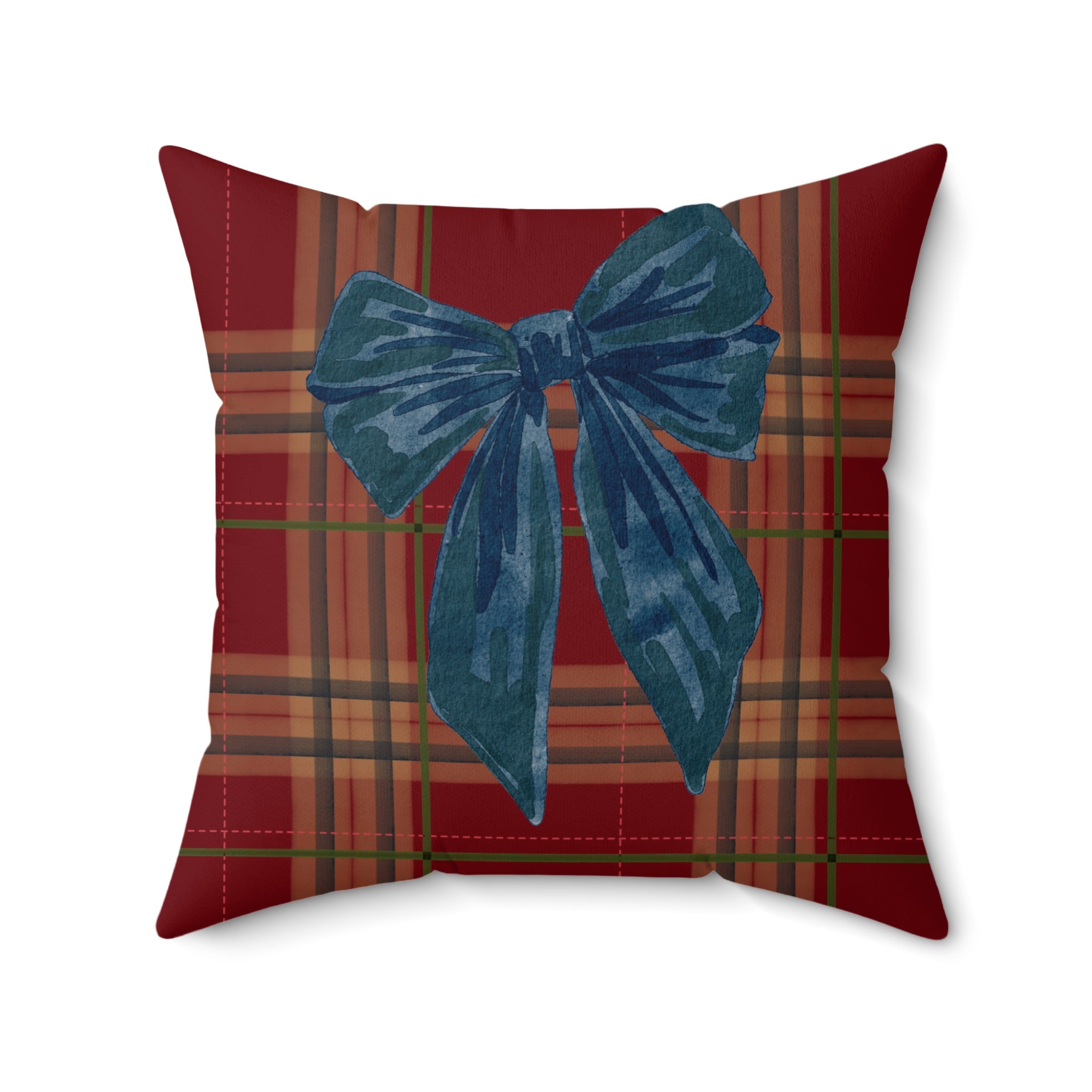 Festive Plaid Decorative Pillow with Blue Bow Design