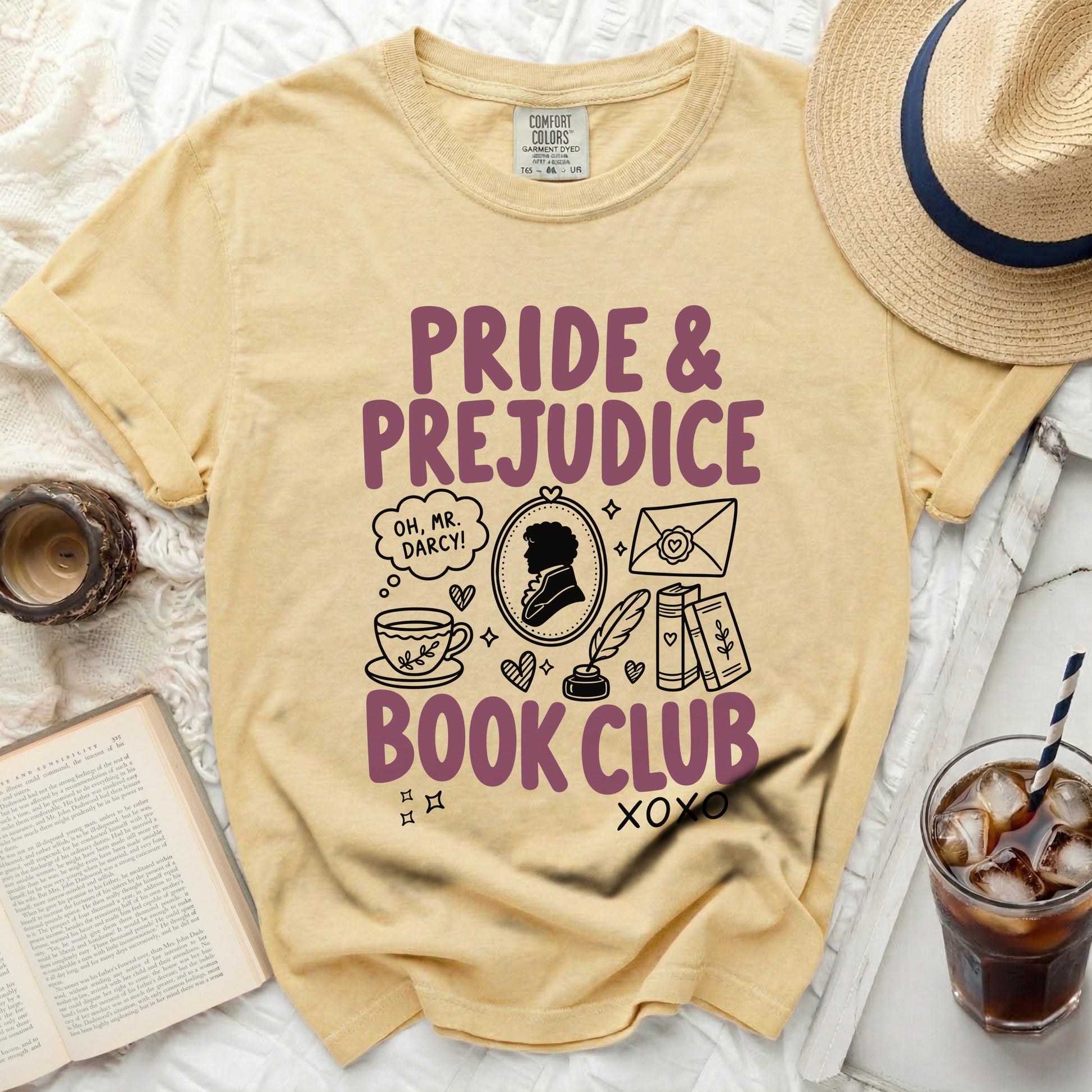 Yellow Comfort Colors t-shirt with Pride and Prejudice Book Club design.