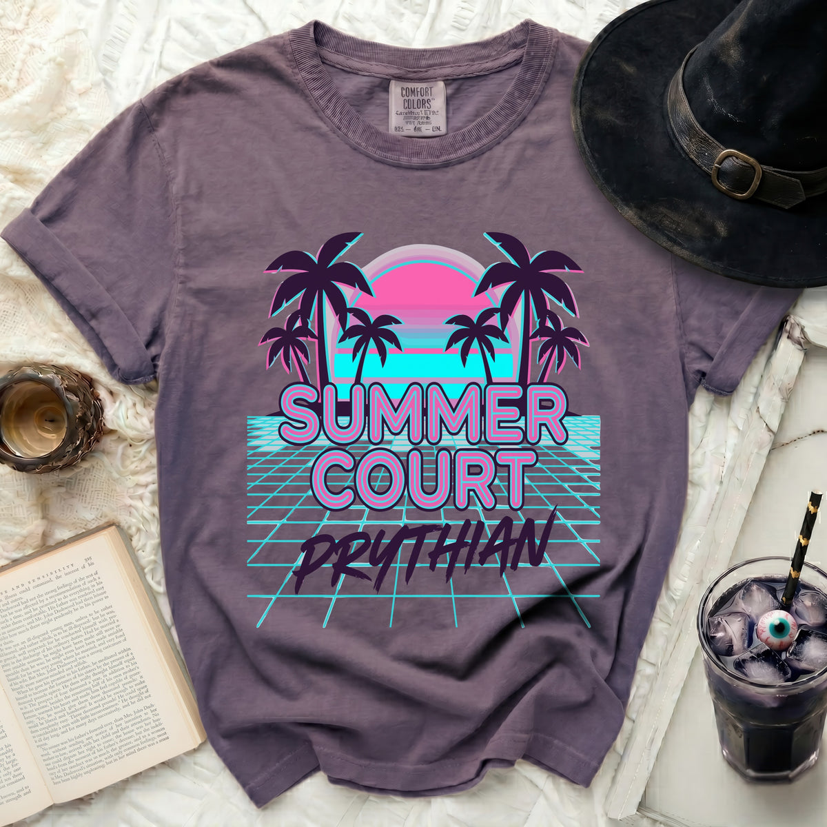 Purple t-shirt with "SUMMER COURT PRYTHIAN" text and retro graphics.