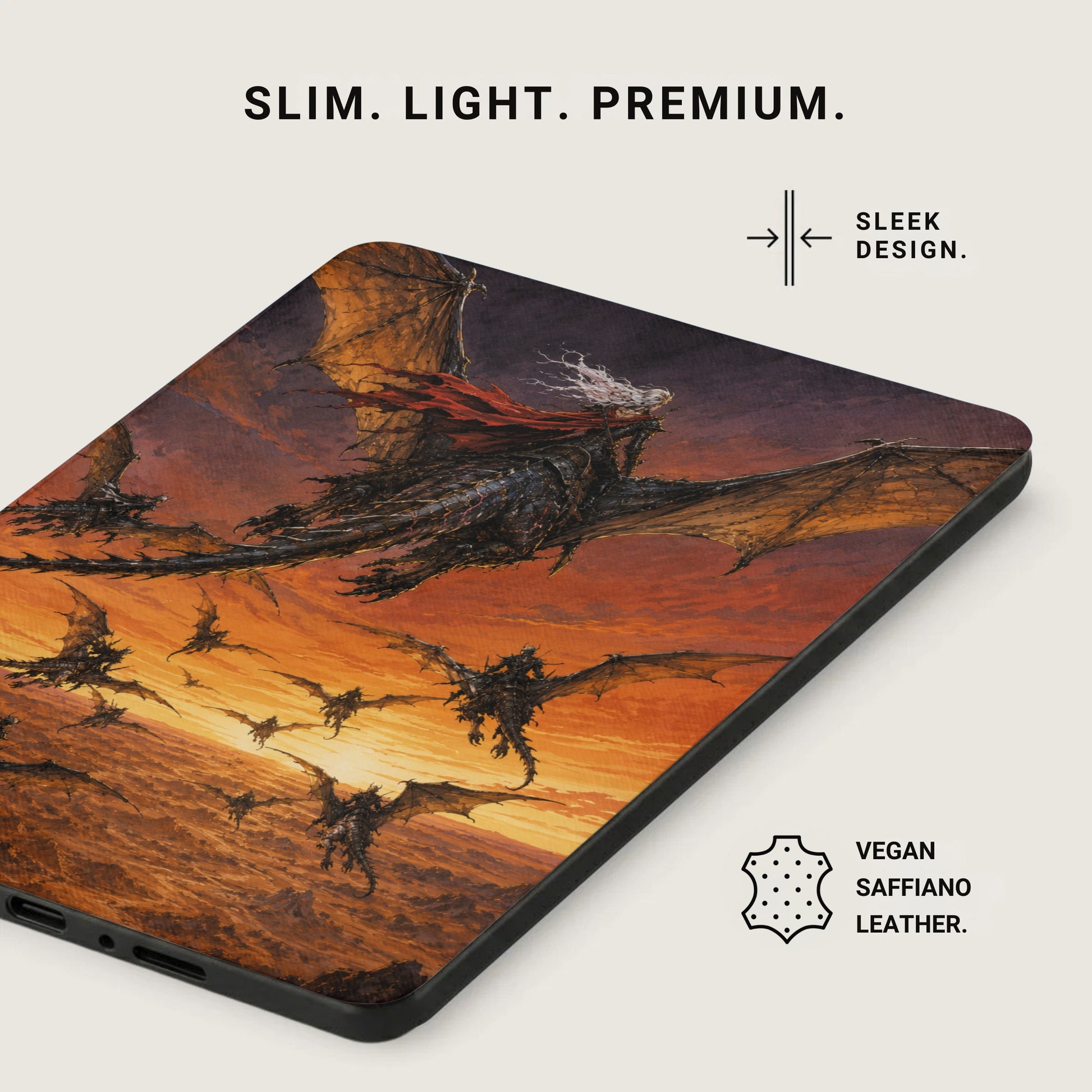 Sleek design case with a dragon rider and multiple dragons in flight.