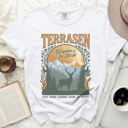 White t-shirt with "Terrasen Kingdom of the North" text and deer graphic.