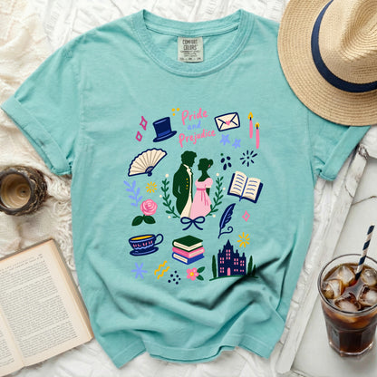 Turquoise t-shirt with Pride and Prejudice illustrations.