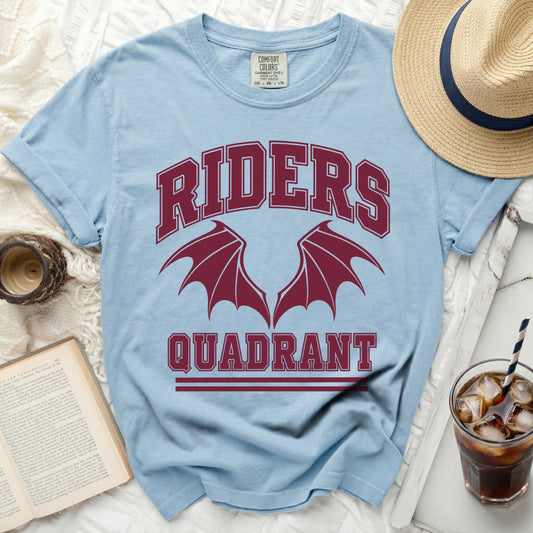 Light blue t-shirt with "RIDERS QUADRANT" and dragon wings graphic.