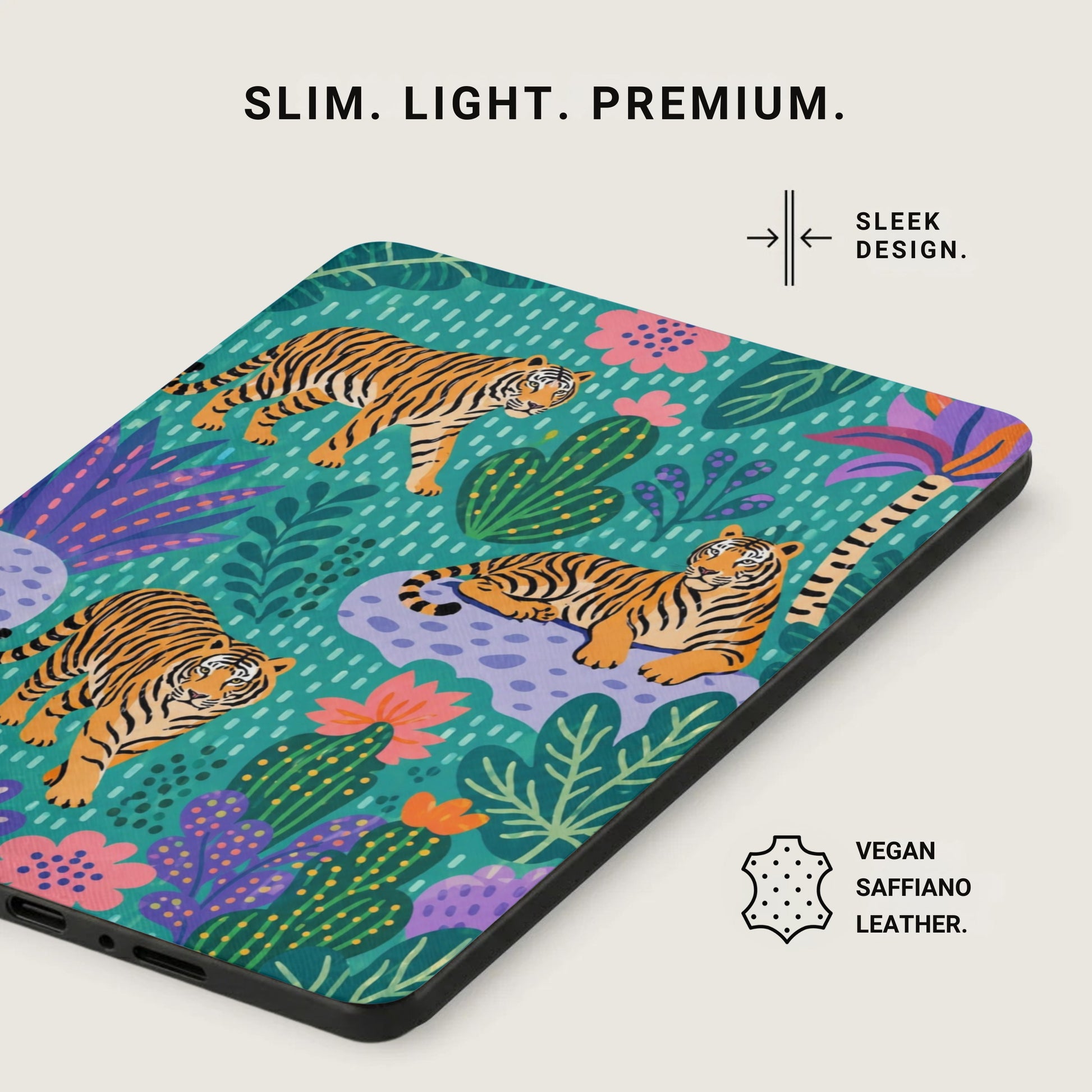 Case with tigers and tropical foliage pattern; vegan saffiano leather.