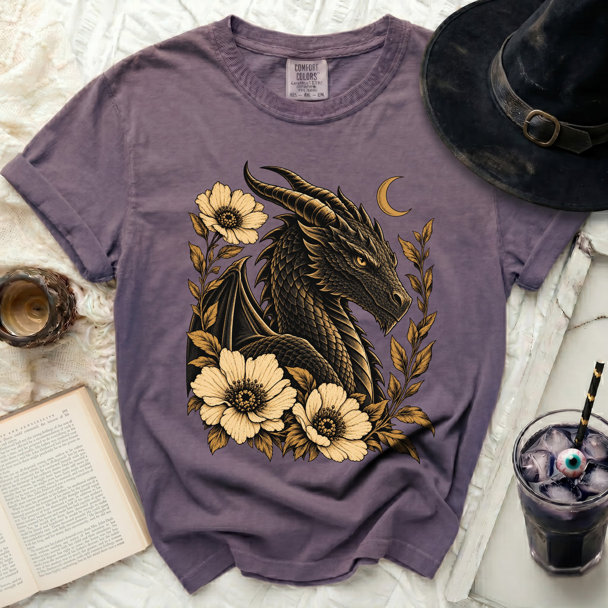 Purple Comfort Colors t-shirt with black dragon and floral graphic.