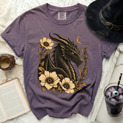 Purple Comfort Colors t-shirt with black dragon and floral graphic.