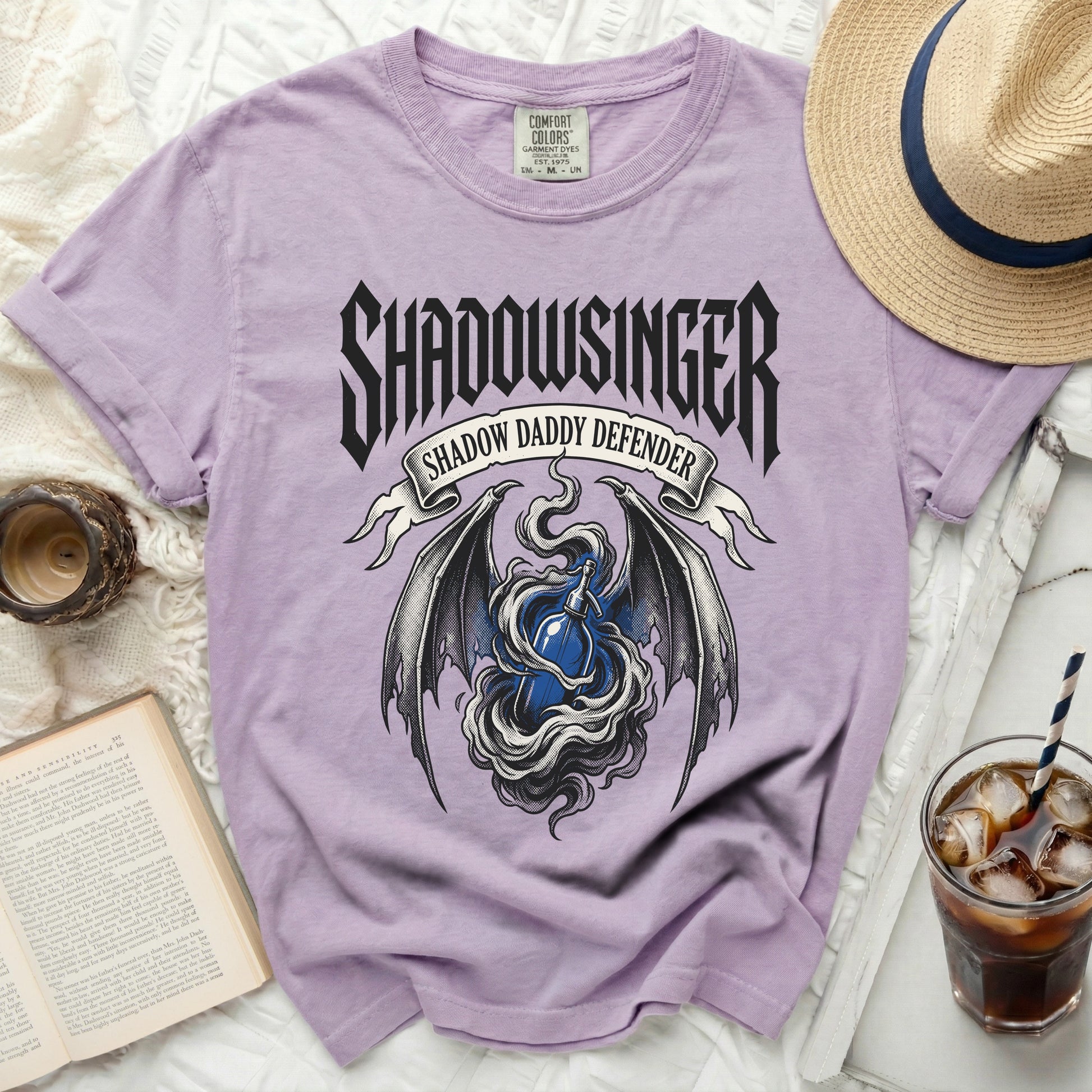 Purple Comfort Colors t-shirt with "Shadowsinger Shadow Daddy Defender" graphic.