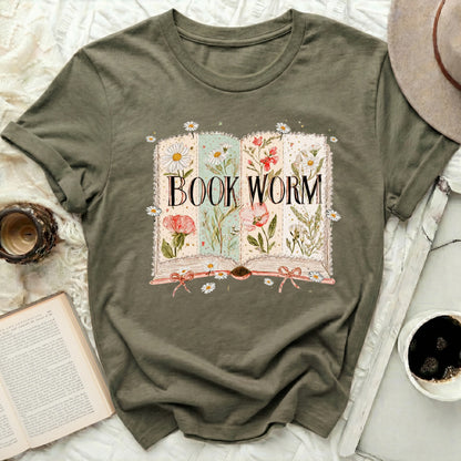 Book Worm Floral Design T-Shirt for Literature Lovers