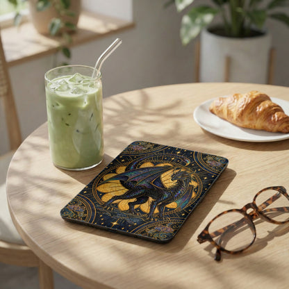 An e-reader with an ornate dragon skin lies on a wooden table beside a green drink and a croissant.