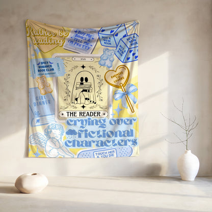 Tapestry with "Rather be reading" and ghost holding books, "The Reader" text.