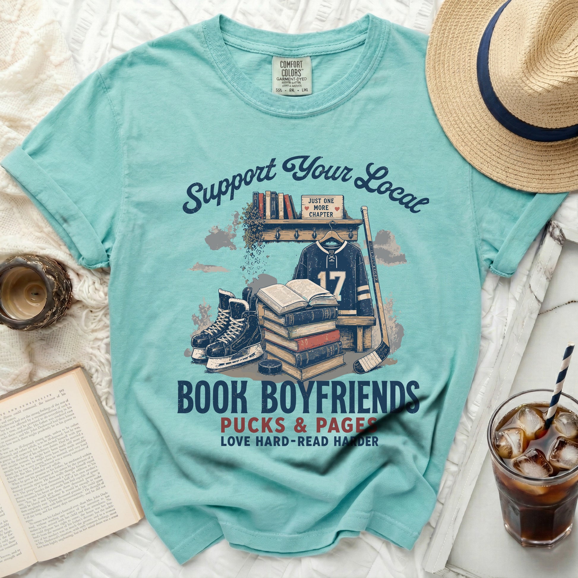 T-shirt with "Book Boyfriends" text, hockey gear, and books.