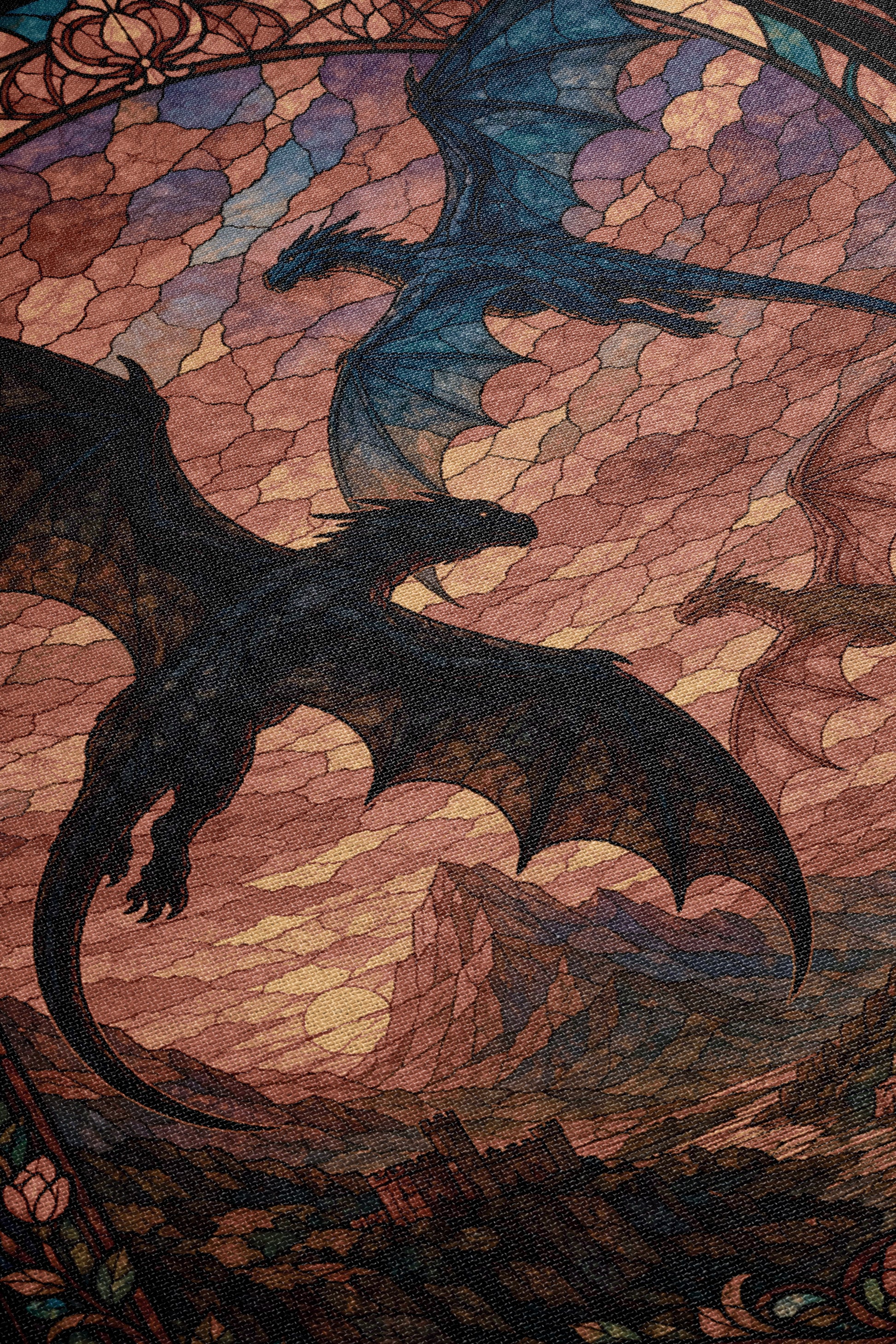 a fantastical scene with three dragons soaring through a vibrant, colorful sky. The dragons are depicted in a stylized, artistic manner, with intricate details and a sense of movement and energy. The overall composition is visually striking and captivating.
