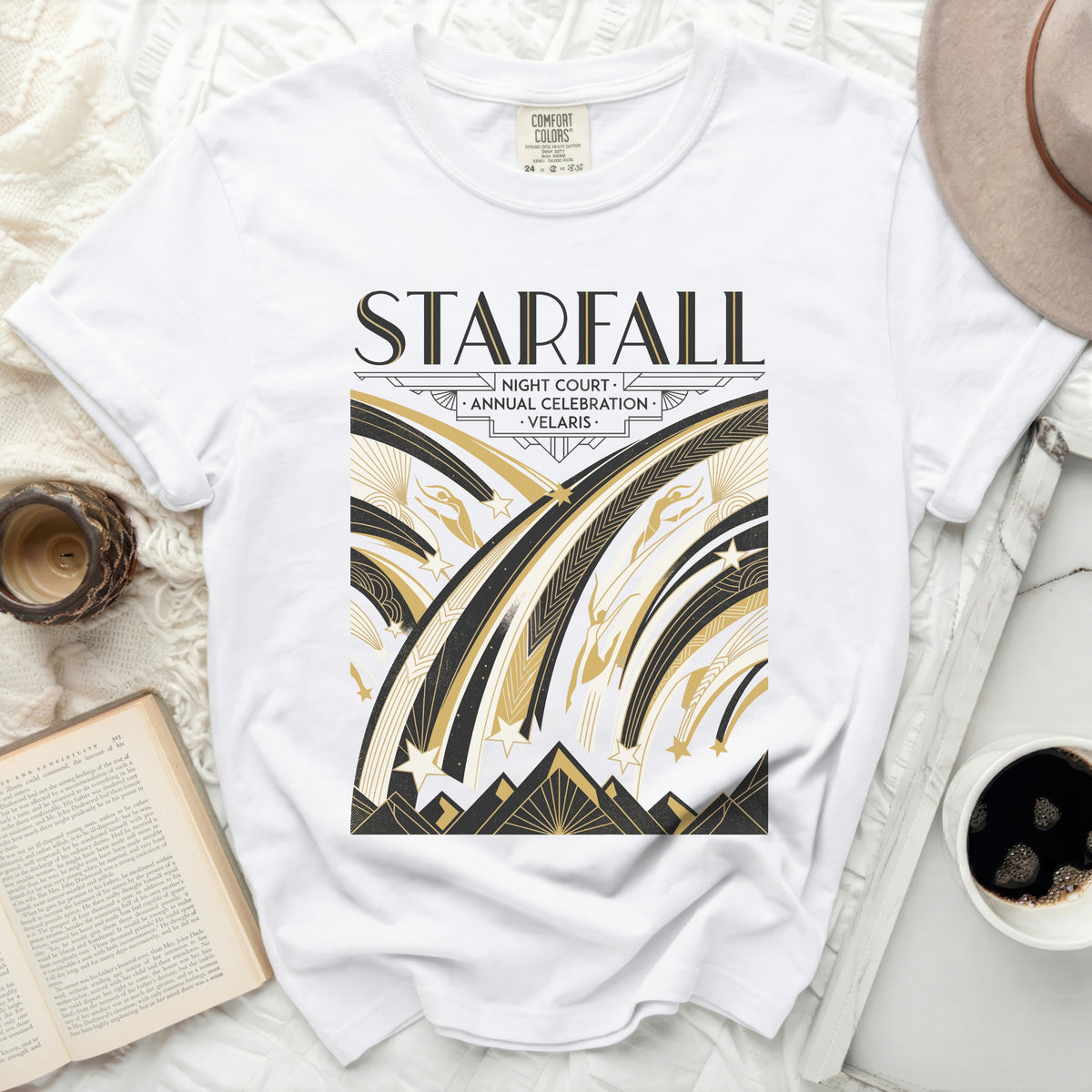 White t-shirt with "STARFALL" and "NIGHT COURT ANNUAL CELEBRATION VELARIS" text.