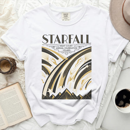 White t-shirt with "STARFALL" and "NIGHT COURT ANNUAL CELEBRATION VELARIS" text.