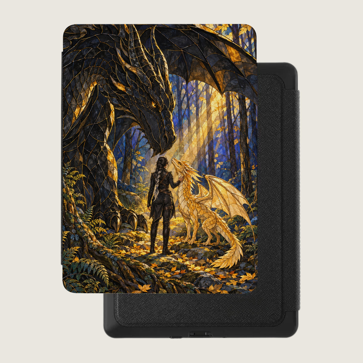 Black and gold dragon with a woman and small golden dragon in a forest.