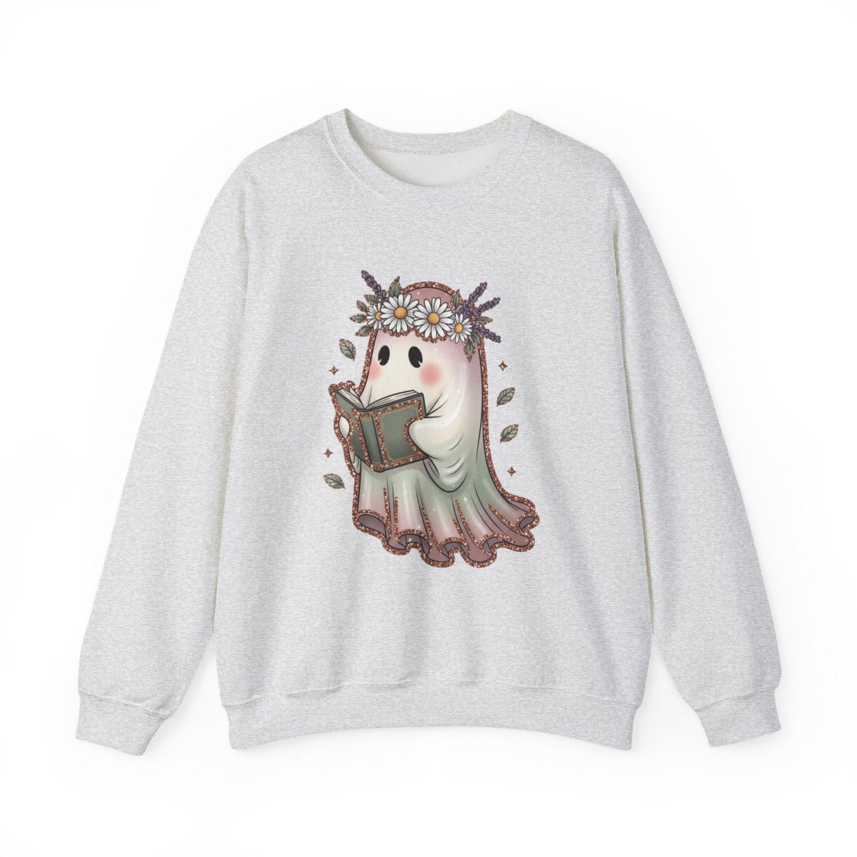 Cute Ghost Reading a Book with Flower Crown Graphic Sweatshirt - MagicMerchEmporium