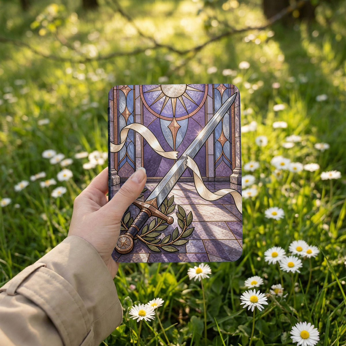 Card design featuring a stained-glass sun, sword, and laurel wreath.