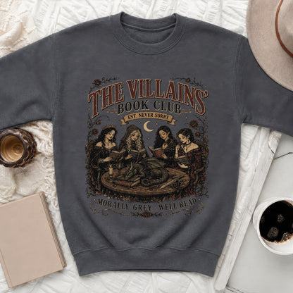 Dark grey sweatshirt with "The Villains Book Club" graphic featuring witches reading to a dragon and text.