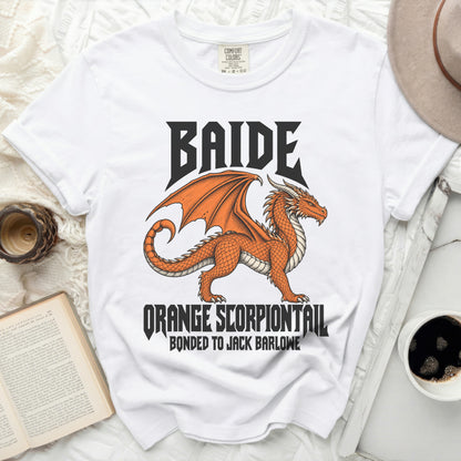 White t-shirt with orange dragon and text "BAIDE ORANGE SCORPIONTAIL BONDED TO JACK BARLOWE".