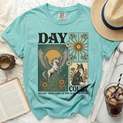Teal t-shirt with "DAY COURT" and mythological graphics: Pegasus, fox, suns.