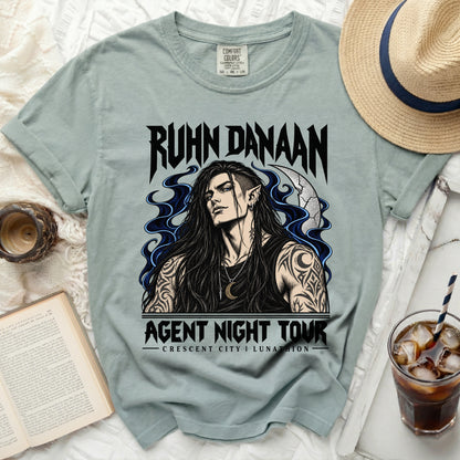 T-shirt featuring Ruhn Danaan artwork and "Agent Night Tour" text.