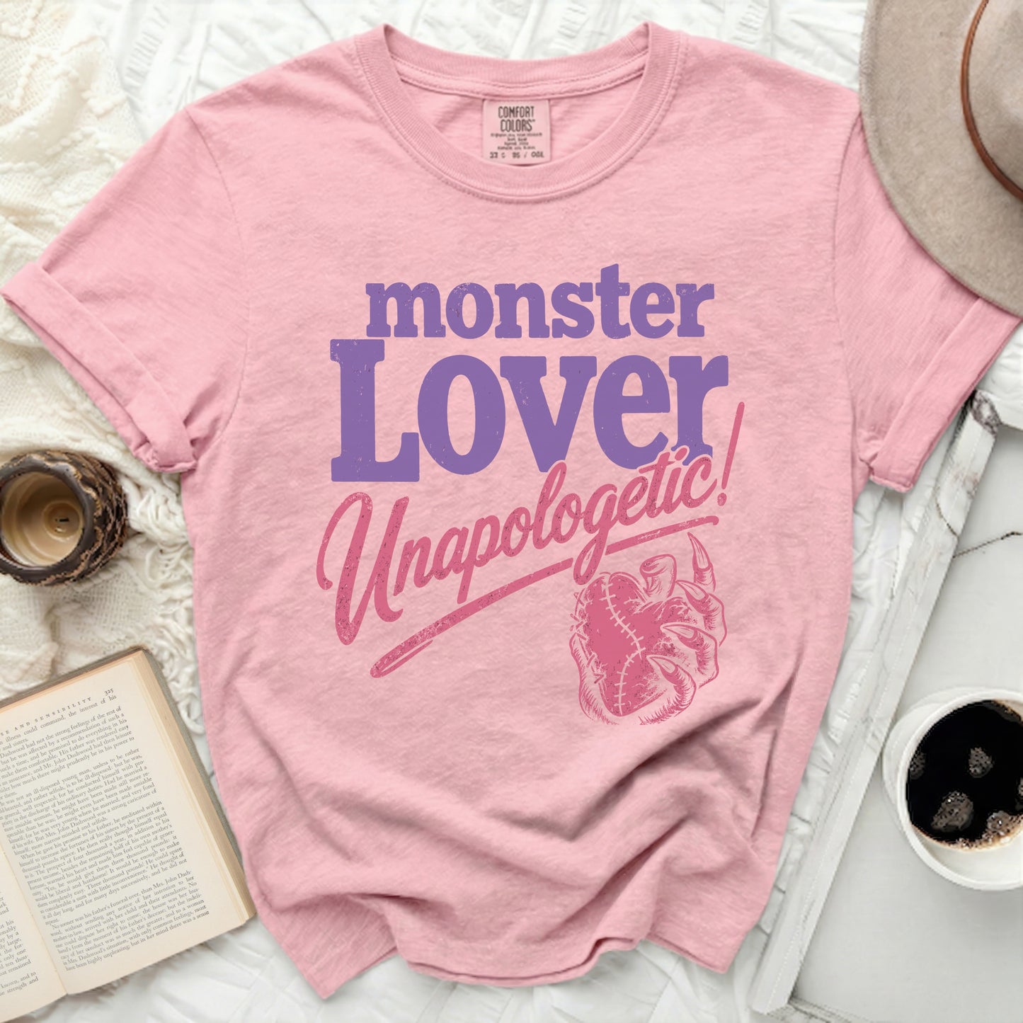 Pink t-shirt with "monster Lover Unapologetic!" and a claw design.