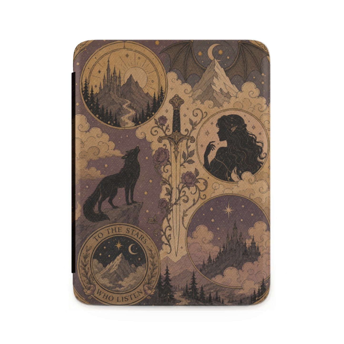 Fantasy art e-reader cover with wolf, castle, sword, and silhouette of a woman.