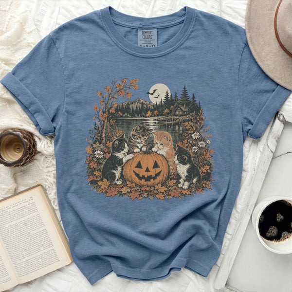 Autumn Pumpkin Kittens Tee in Blue Jean