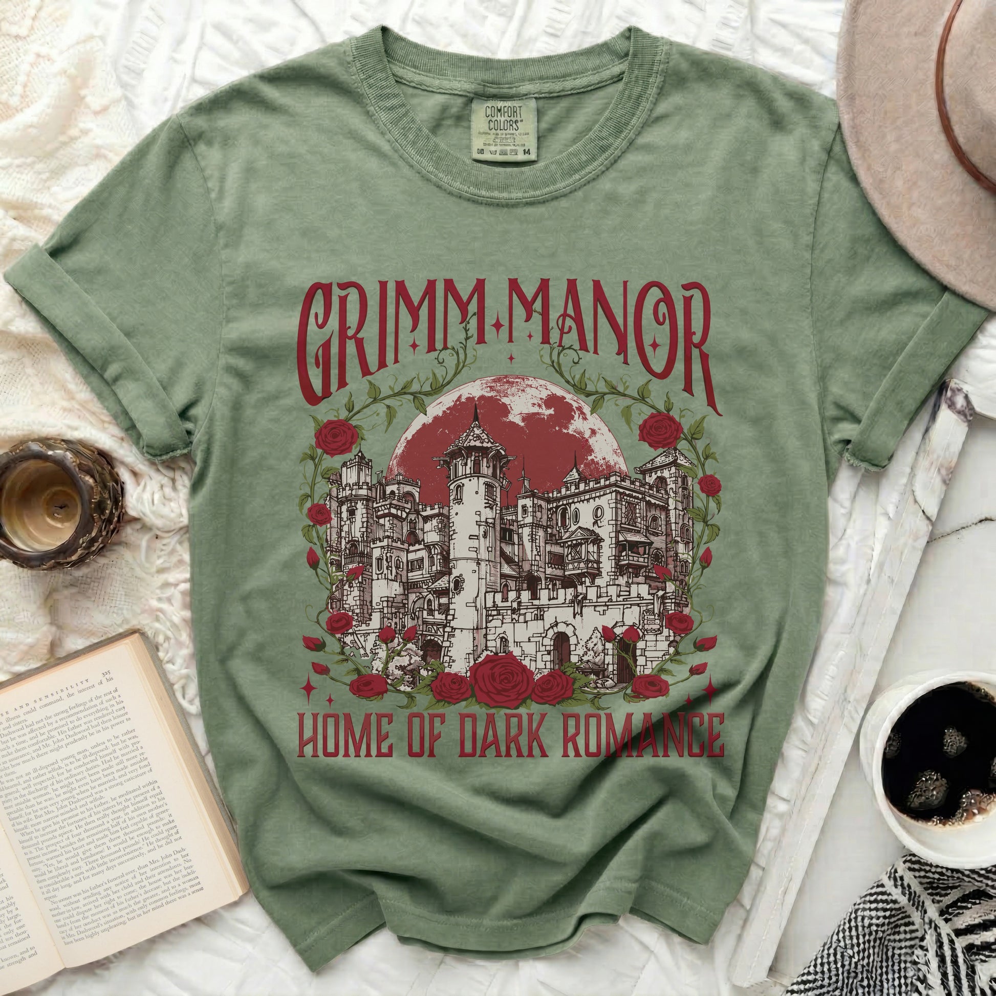 Grimm Manor Home of Dark Romance t-shirt with castle and roses design