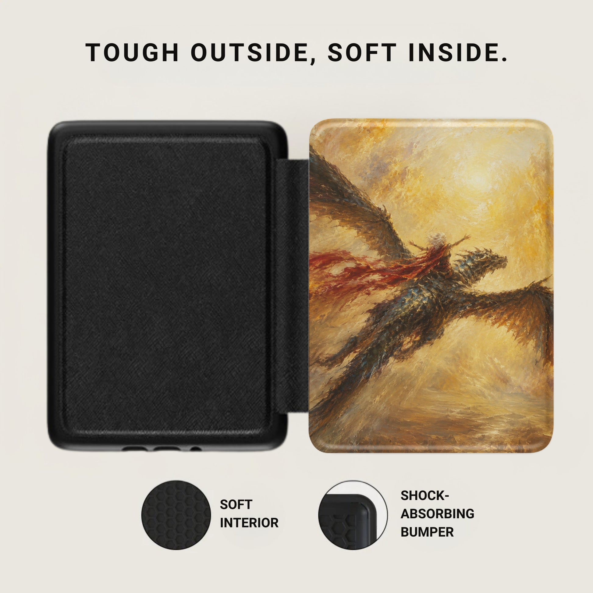 Black case with textured interior next to dragon rider artwork.