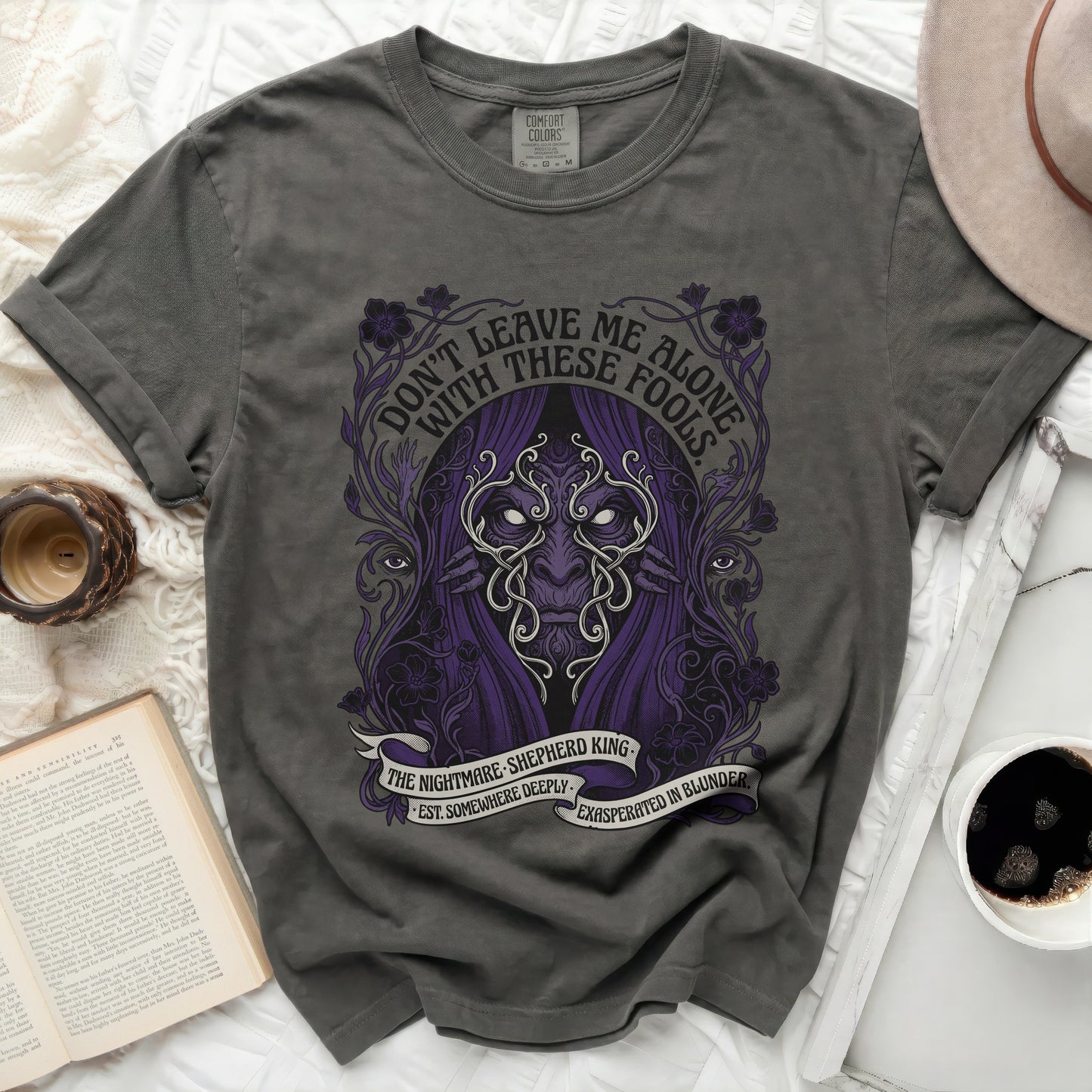Charcoal Comfort Colors t-shirt with purple nightmare shepherd king graphic and text.