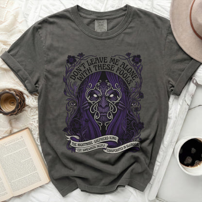 Charcoal Comfort Colors t-shirt with purple nightmare shepherd king graphic and text.