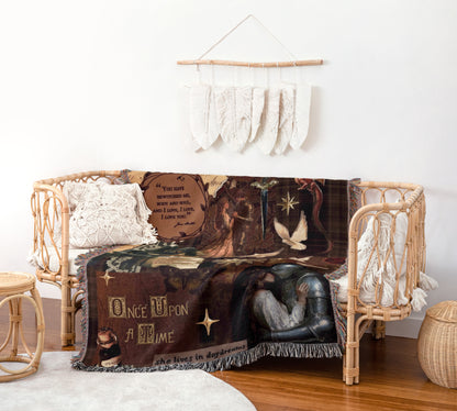 a cozy and inviting living space with a woven bench, a decorative blanket, and a hanging feather wall art piece.