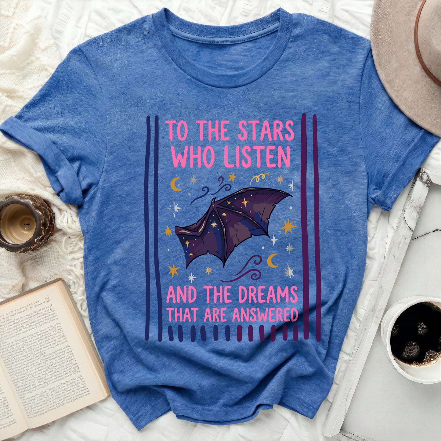 TO THE STARS WHO LISTEN AND THE DREAMS THAT ARE ANSWERED
Bat Print
Starry Sky
Celestial Moon
Inspirational Quote
Fantasy Design
Literary Theme
Book Lover
Dreamy Aesthetic
Magical Graphic
Night Cosmos
Blue Apparel
Graphic Tee
Unique Artwork
Whimsical Style
Positive Affirmation
Cosmic Elements
Enchanting Bat
Spiritual Journey
Readers Gift
Mystical Charm