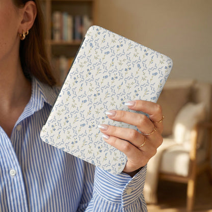 White and Blue Floral Pattern Protective Tablet Cover