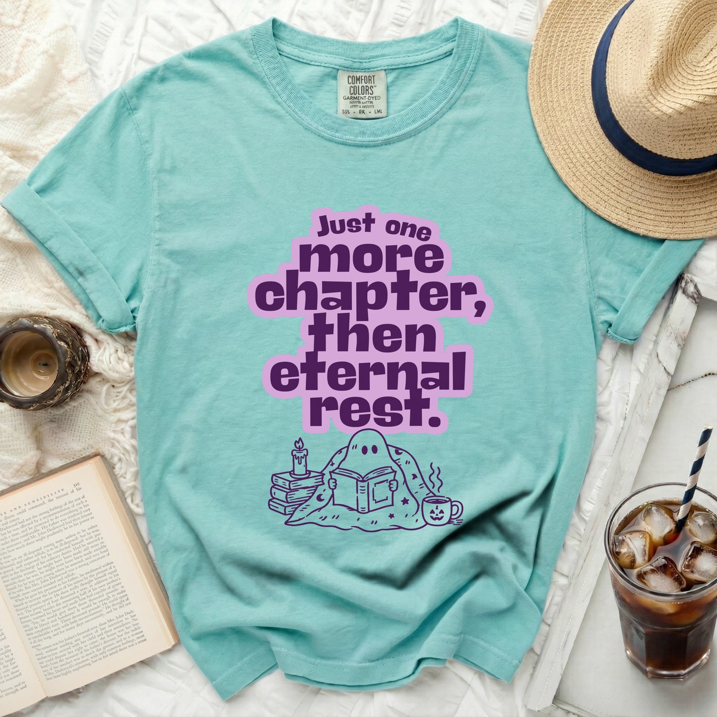 Comfort Colors t-shirt with ghost reading "Just one more chapter, then eternal rest."